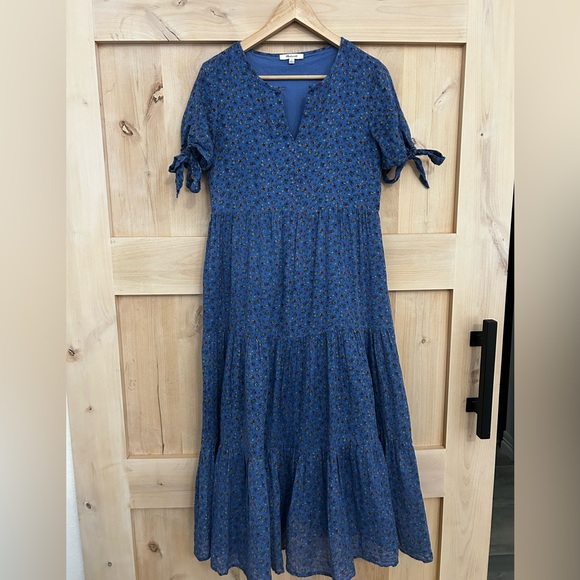 Madewell Maxi Blue Floral Tiered Ruffle Dress with Tie Sleeves, XS. EUC - Picture 2 of 9